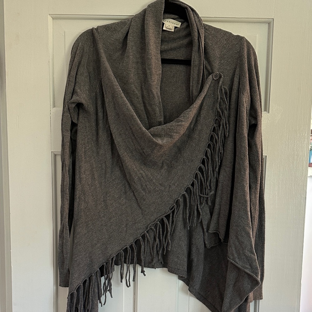 Soft Knit Fringe Shawl Cardigan - Gray